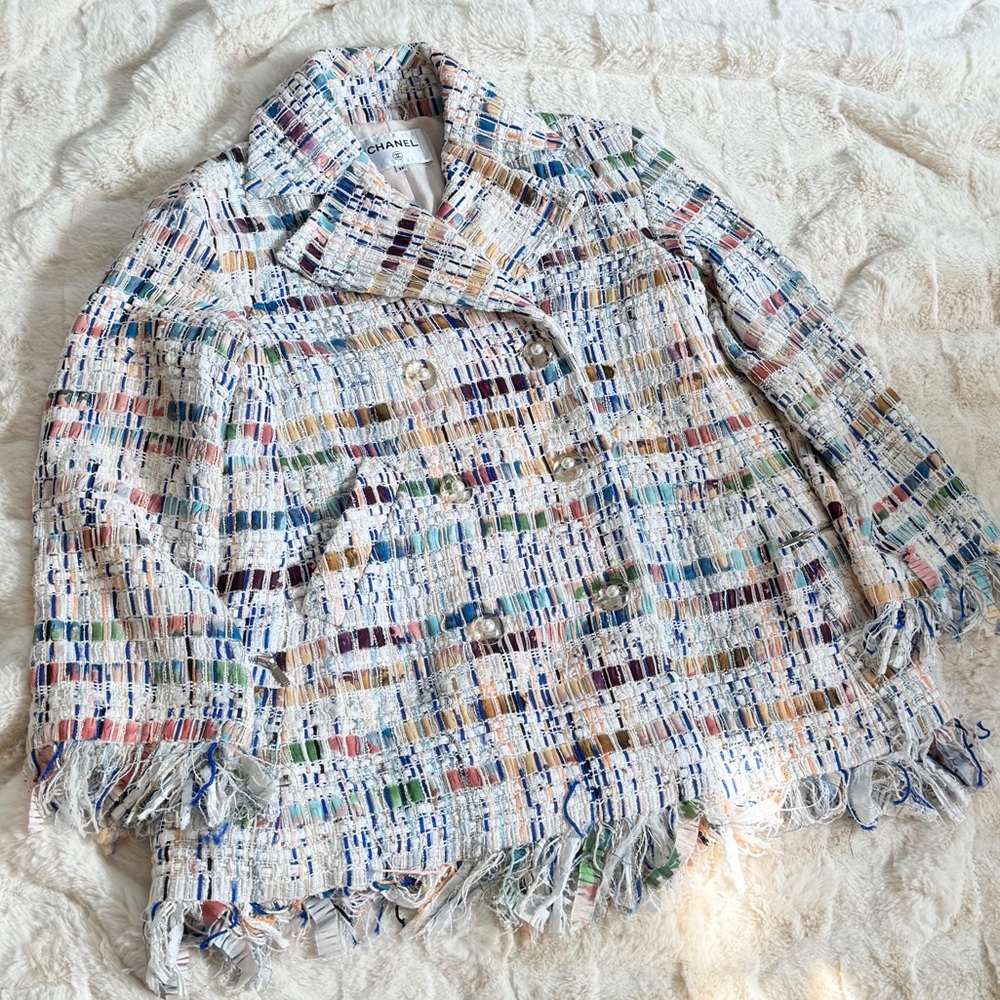 CHANEL White Multicolor Fringed Tweed Coat